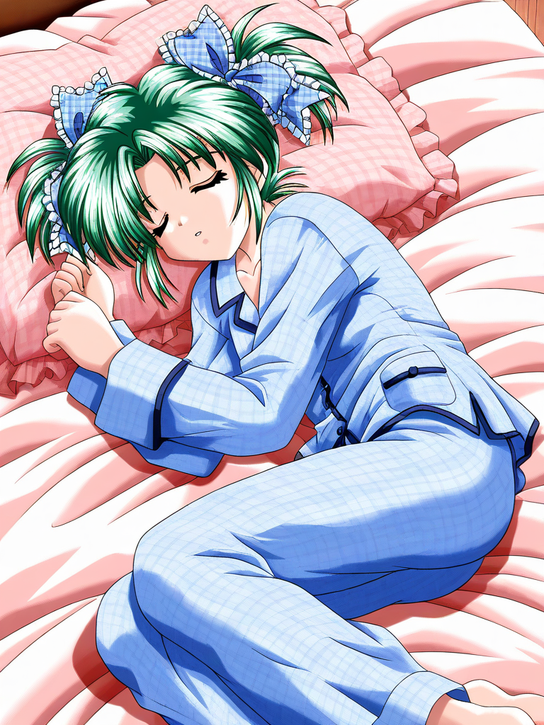 general,highres, ultra-detailed,very aesthetic,best quality ,best hands, BREAK <lora:Minase_Ruka_Akumu_AoiKajitsunoSange_IS:1>
Minase_Ruka, 1girl, solo, green hair, short twintails, blue eyes, hair ribbon, blue plaid ribbon, 
sleeping, closed eyes, lying, parted lips, v arms, bed,
blue pajamas,