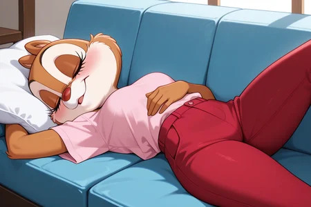 masterpiece, best quality, amazing quality, very aesthetic, high resolution, ultra-detailed, absurdres, newest, cowboy shot BREAK 1girl, solo, clarice_disney, anthro, furry female, tan fur, two-tone fur, chipmunk ears, red nose, pink shirt, red pants, on couch, lying, on back, sleeping, closed eyes, head on pillow, indoors, living room