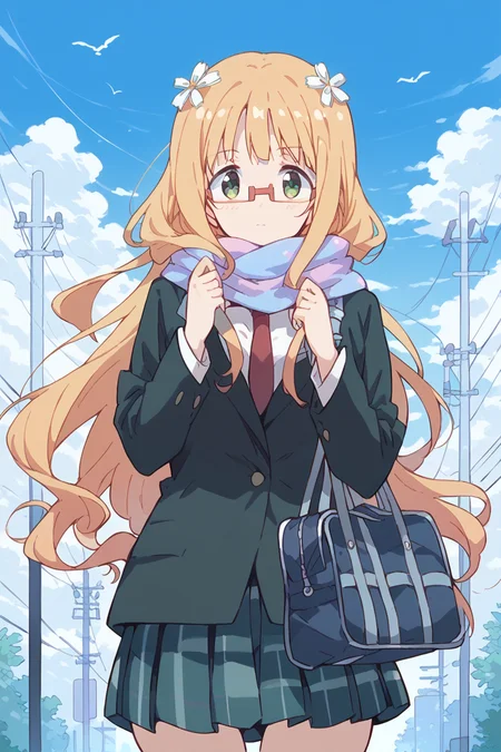 score_9, score_8_up, score_7_up, score_6_up,
<lora:Mitsuki_Sonoda:1> mitsuki, 1girl, solo, long hair, glasses, hair ornament, scarf, school uniform, power lines, bag, necktie, hair flower, sky, green eyes, flower, blonde hair