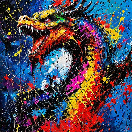 (masterpiece, high resolution, detailed:1.2), majestic dragon, (colorful scales:1.2), shimmering with every movement, (fiery red eyes:1.1), (sharp fangs:1.1), (curved horns:1.2), (flowing mane:1.1), dynamic pose, mid-flight, swirling through the air, trailing vibrant streaks of ink, reminiscent of Pollock's abstract art, (playful and energetic:1.2), (twisting and turning:1.1), (contrasting colors:1.2), (bright red, electric blue, vivid yellow:1.2), (splashes of green and purple:1.1), (inky trails:1.3), (detailed and intricate patterns:1.2), (ethereal atmosphere:1.1), (mysterious night sky:1.1), stars twinkling in the background, (moonlit clouds:1.2), (dramatic lighting:1.1), (captivating and awe-inspiring:1.2), ink brush strokes forming the dragon's shape, showcasing the beauty of traditional ink painting.