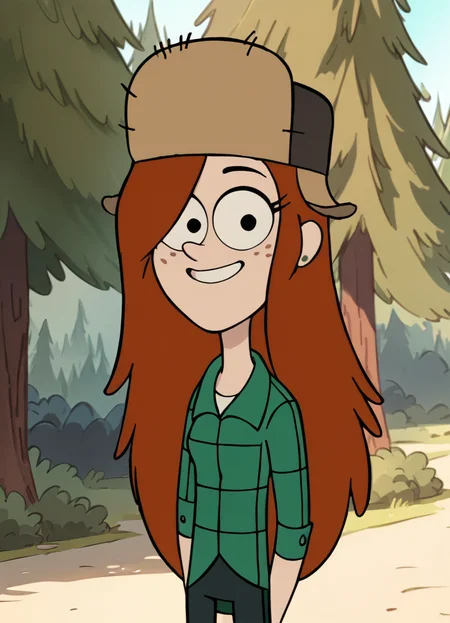 <lora:WendyCorduroyPony1.0:1>wendy, long hair, 1girl, orange hair, solo, green shirt, freckles, earrings, fur hat, smile, pants, tree, outdoors, looking at viewer, cowboy shot,, score_9, score_8_up, score_7_up, score_6_up, score_5_up, score_4_up arms behind back,