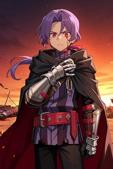 <lora:RussellIL:0.8> , rusdef, 1boy, red eyes, purple hair, long hair, ponytail, low ponytail, hair ribbon, black cloak, cape, striped tunic, tunic, belt, black pants, gauntlets, looking at viewer, cowboy shot, frown, injured, hurt, bleeding, bloody, blood-stained clothes, torn clothes, panting, hand on own chest, battlefield, exterior, masterpiece, very aesthetic, absurdres, best quality, amazing quality, high resolution, <lora:illustrious_quality_modifiers_masterpieces_v1:0.8> , <lora:ChamIllustriousBackgroundEnhancer:0.5>, solo,