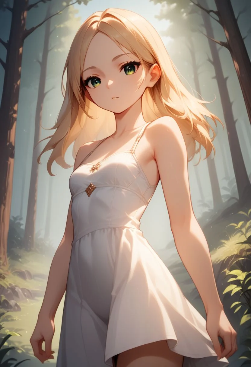score_9, score_8_up, score_7_up, score_6_up, score_5_up, score_4_up, (forest setting)
1girl, blonde hair, green eyes, petite, Perfect Hands, perfect eyes, linen dress, (cinematography medium shot)