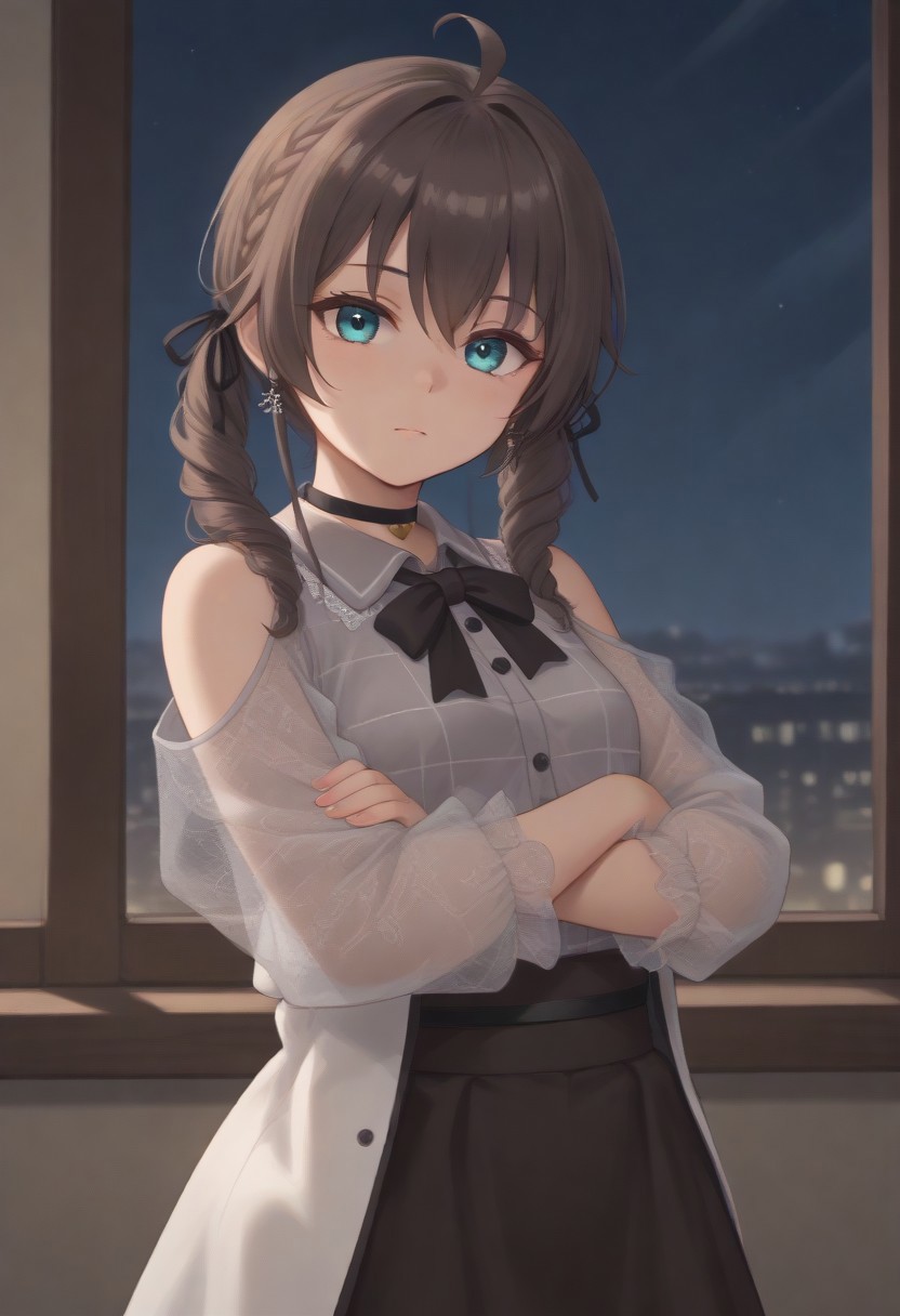 1girl, solo, solo focus, highres, absurdres, MatsuriMineGirl, brown hair, bangs, grey shirt, ahoge, twintails, black ribbon, black choker, hair between eyes, hair ribbon, brown skirt, shoulder cutout, collared shirt, flower earrings, black bowtie, blue eyes, white jacket, see-through sleeves, lace sleeves, plaid shirt, high-waist skirt, puffy short sleeves, medium hair, open jacket, small breasts, long sleeves, drill hair, braid,
looking at viewer, expressionless, closed mouth, head tilt, crossed arms,
indoor, cityscape, neon lights, window, dark, night, night sky, 
light particles, backlighting, shade, light rays, lens flare, shiny skin, fine fabric emphasis,