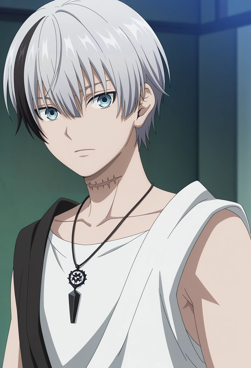 masterpiece, best quality, intricate details, anime screencap, anime coloring, official style, looking at viewer, 1boy, solo, male focus, <lora:polka_shinoyama_ilxl:0.94>, polka_shinoyama, grey hair, blue eyes, two-tone hair, multicolored hair, black hair, short hair, hair between eyes, streaked hair, bangs, scar, white shirt, sleeveless, necklace,