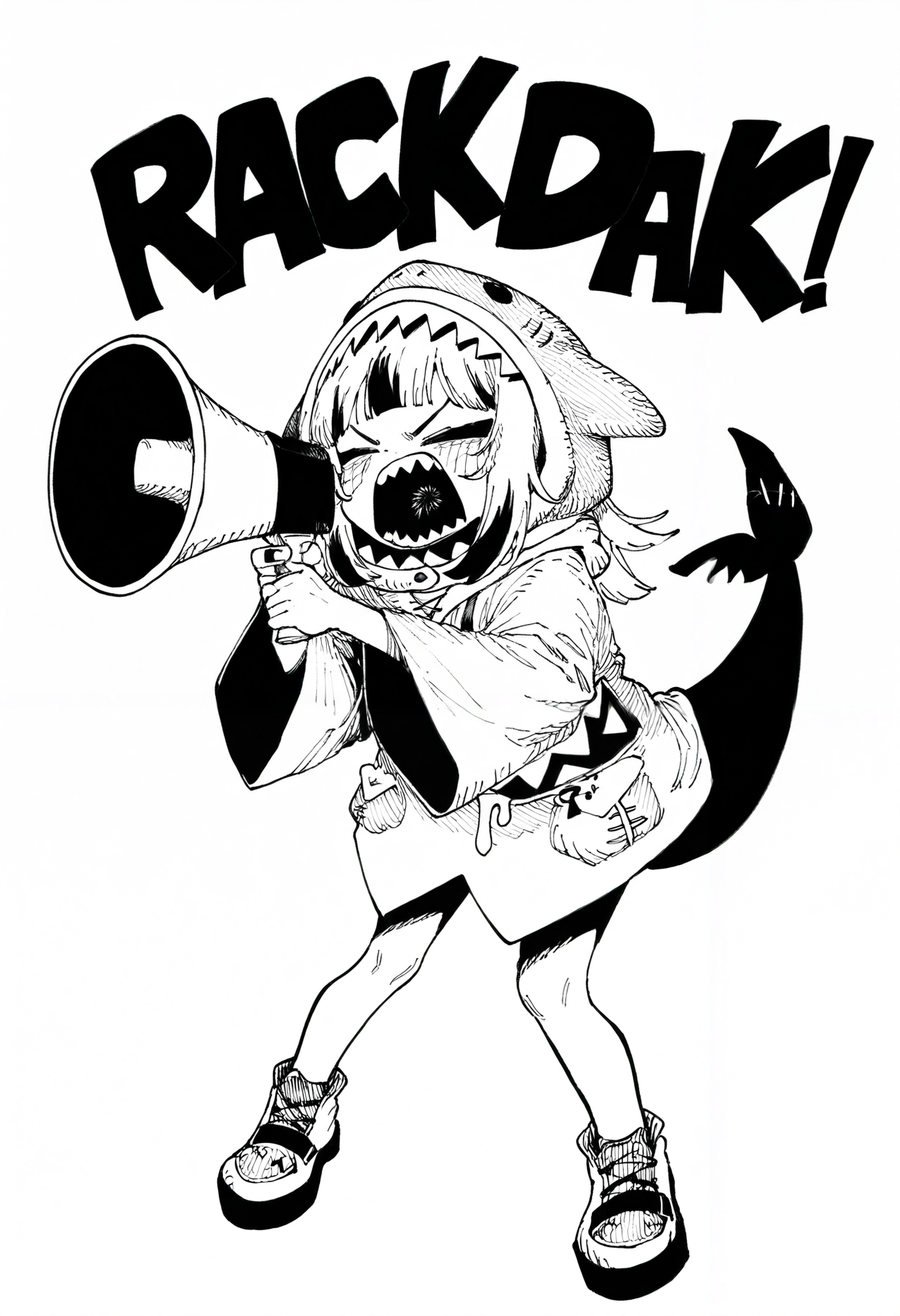 1girl, solo, gawr gura, shark girl, shark tail, shark hood, 
holding, megaphone, shouting, closed eyes, v-shaped eyebrows, 
leaning forward, english text,
masterpiece, best quality, amazing quality, absurdres, newest, greyscale, ink \(medium\), hatching \(texture\), monochrome, 
 <lora:HB_091:0.8>