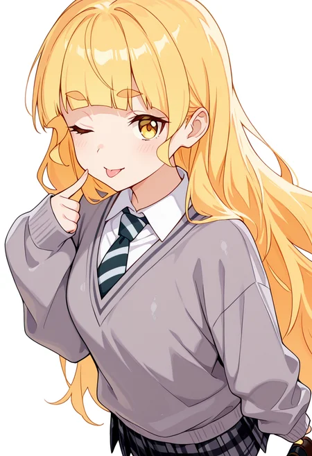 masterpiece,high quality details,absurdres,
<lora:Shiraki_Hime:0.8>
hime_cnr, 1girl, blonde hair, very long hair, yellow eyes, blunt bangs, thick eyebrows,(aged up:0.7), 
hime_s2, grey sweater,white shirt, collared shirt, striped necktie, sleeves past wrists,plaid skirt, pleated skirt, loafers,, simple background, white background, from behind,solo,, ;p,