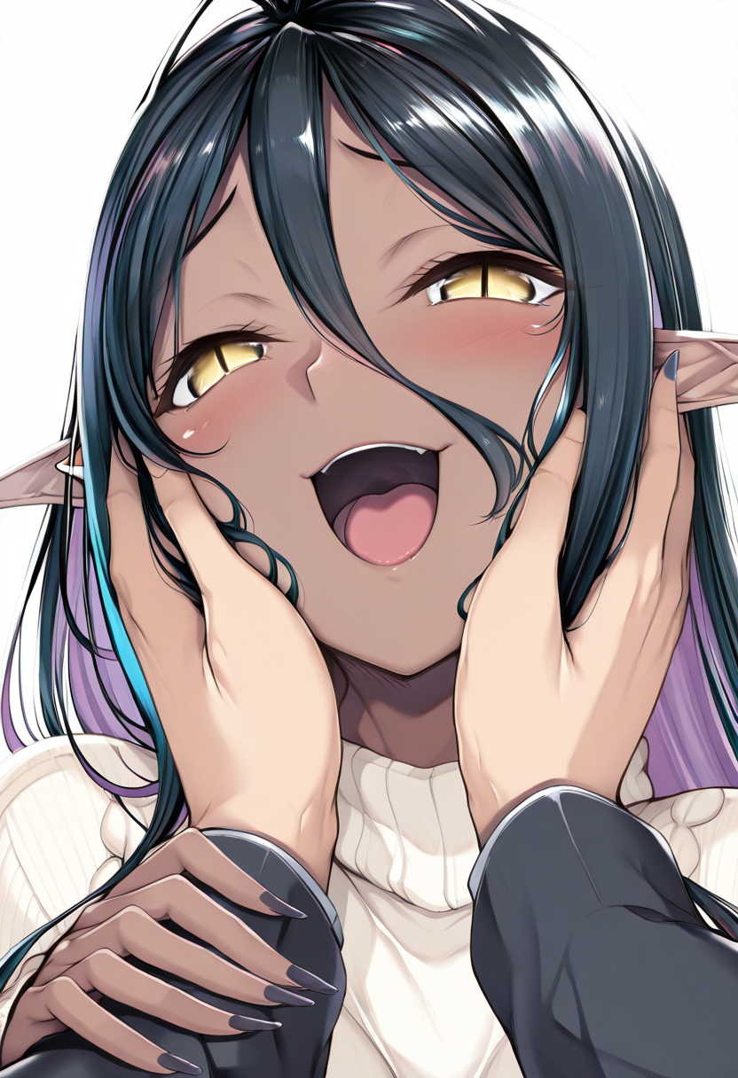 masterpiece, best quality, no humans,  zzMariabelle, yellow eyes, long multicolored hair, antenna hair, pointy ears, dark skin, dark elf,   zzMariabelle, looking at viewer, blush, smile, open mouth, simple background, white background, :d, solo focus, nail polish, sweater, fingernails, turtleneck, pov, slit pupils, black nails, ribbed sweater, long fingernails, turtleneck sweater, white sweater, hand on another's face, hand on another's cheek  ,<lora:MariabelleIXL:1.0>,   <lora:ZankuroStyle_NAI:0.5>,