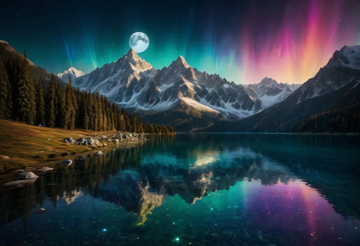 A magical mountain range with peaks made of crystal, reflecting the light of a giant moon and casting colorful prisms across the landscape, with a serene lake at the base. Fantasy setting, high-detail, taken with a Hasselblad X1D II 50C, XCD 45mm f/3.5 lens.