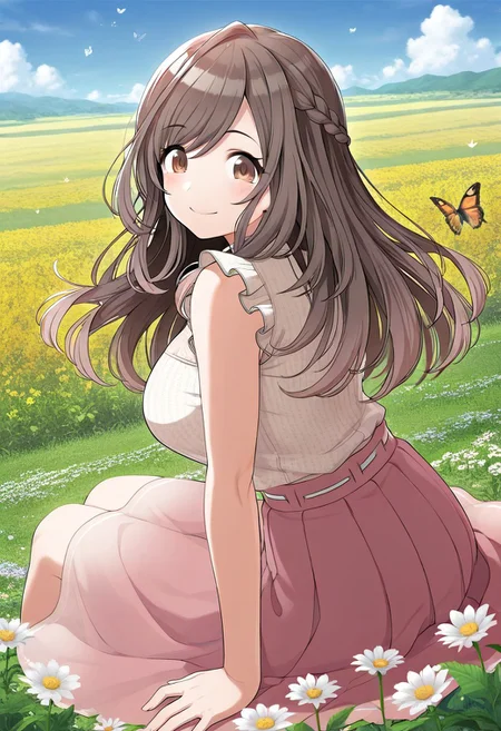 masterpiece,best quality,amazing quality, tsukioka kogane, long hair, brown hair, brown eyes, 1girl, flower, outdoors, bug, skirt, solo, butterfly, looking at viewer, smile, field, sitting, braid, sky, looking back