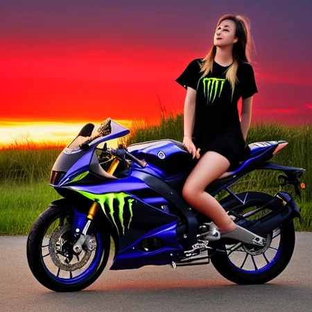 sunset, monster energy, jewelry, looking at viewer, black shirt, shadow, midriff, dark-skinned female, cloud, 1boy, yamaha r15, shoes, skirt
