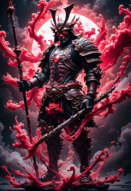 Detailed image of an abstract samurai humanoid, lives a whole along with cherry blossoms, the view is illuminated and the images are real, realistic, unreal, red and black splash background with kanji letters, holding spear, kanji letters, splash, translucent, transparent, fantasy world, at dawn, shining, sparkling, Dramatic highlights, cinematic lighting, radiant, vibrant, perfect symmetry, highly detailed, dynamic pose, dynamic angle, Hyperrealistic 8k resolution Incredible details A masterpiece, and perfect composition all create an epic landscape, close-up