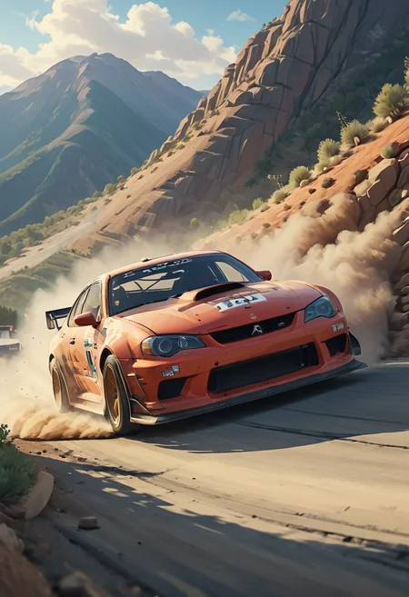 a racecar drifting sideways in a mountain road in america, emitting huge volumes of dust, poster style photo, best quality, detailed, highres, masterpiece, Modern Cartoon <lora:gudarziModernCartoonSDXL_LoRA:0.85>