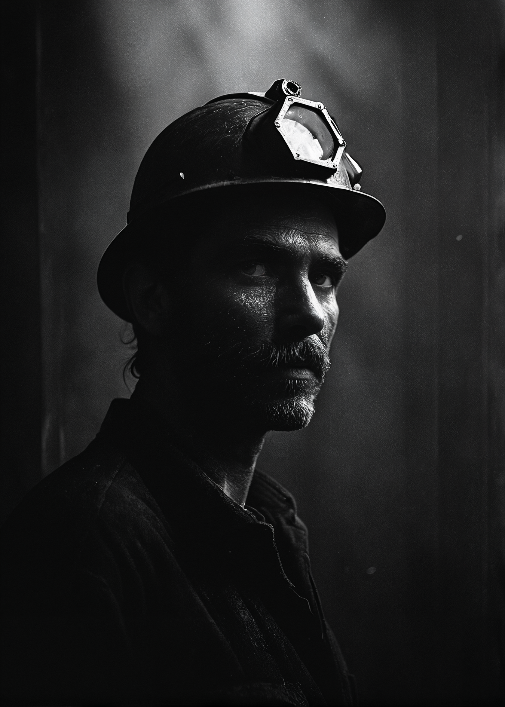 style by Brassaï, cinematic photo, dark photo of grimy miner with a miner helmet,holding a miner's trigger, 35mm cinematic , film, bokeh,  professional, 4k, highly detailed, 35mm photograph, film, bokeh,  professional, 4k, highly detailed, detailed beautiful eyes