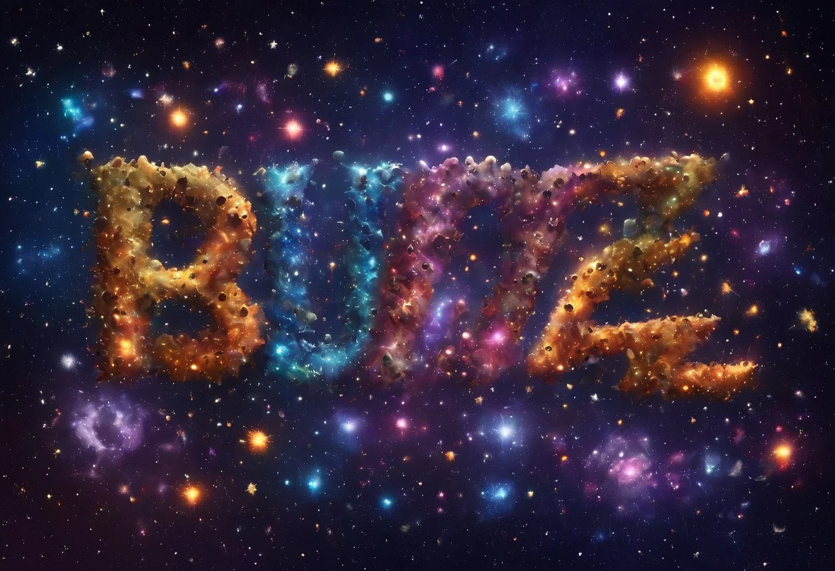 masterpiece,best quality,amazing quality,very aesthetic, absurdres, highres, stars, many stars, planets, stars spell out "BUZZ", BUZZ, nova, stars buzz, stars in the shape of the word buzz, something extra that people will like idk