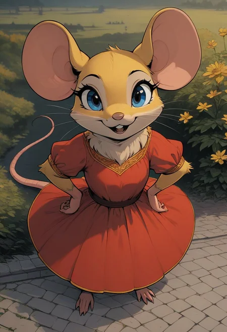 score_9, score_8_up, score_8, (solo), (solo:2), (fluffy:0.8), (feral:2), furry, (((mouse))), female, vivid blue eyes, yellow fur, yellow ears, claws, (fluffy cheeks:0.4), (red dress), cute, in the style of beatrix potter, flat color, backlit, (high angle view:2), outdoors, (small village), look at viewer, (happy expression:0.7), (open mouth, talking:0.7), dynamic pose, hands on hips,