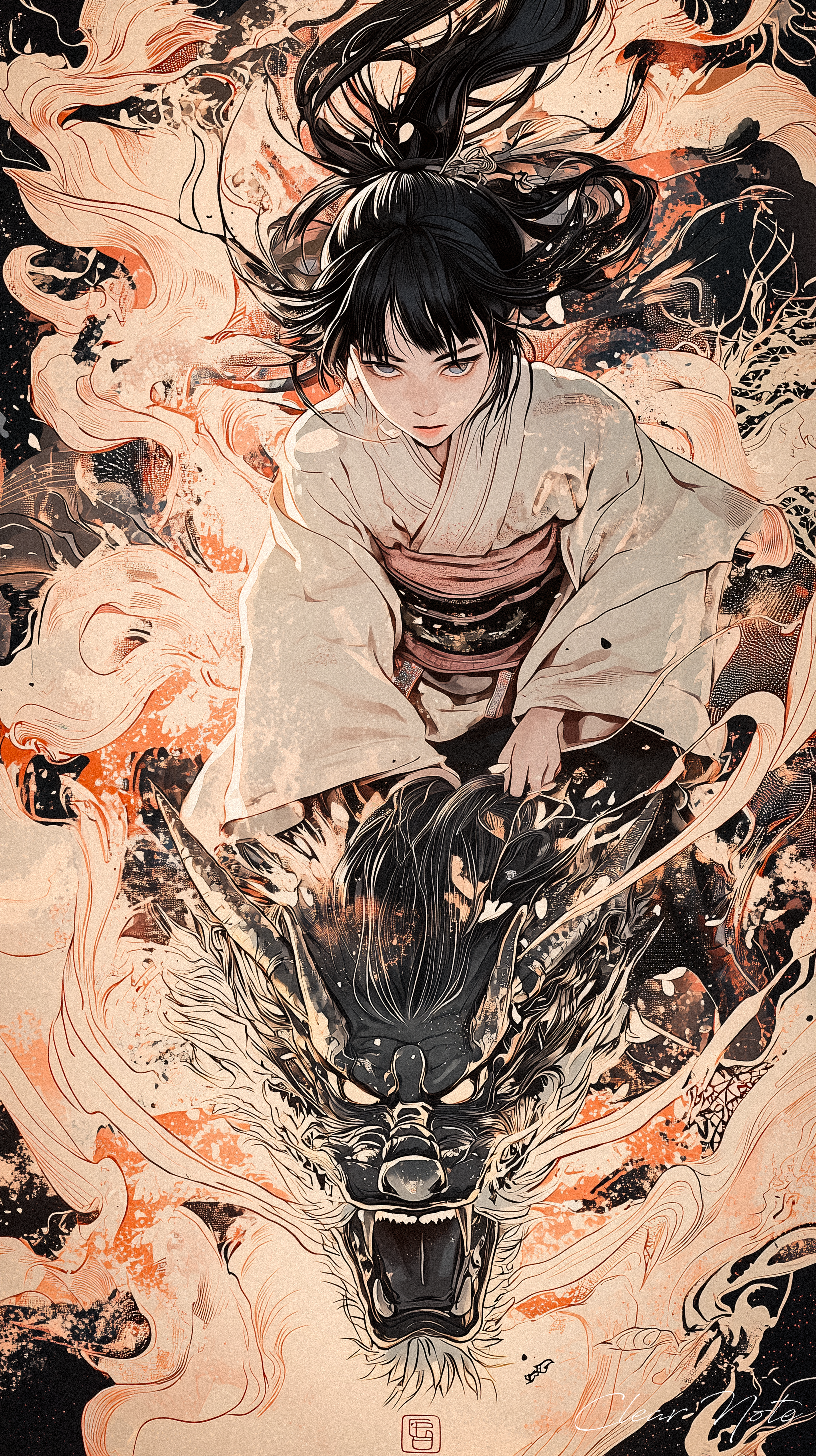 Japanese anime art style, Ukiyo-e,

Upon the dragon's blazing crest,
A girl in kimono stands, possessed.
Flames dance around her slender form,
A guiding light amidst the storm.

Her gaze commands with quiet might,
A harmony of fire and flight.
The dragon bends to her whispered call,
A timeless bond that conquers all.

With every step, the embers flare,
A tale of power, bold and rare.
Girl and beast, in flames entwined,
A fiery legend, forever enshrined.