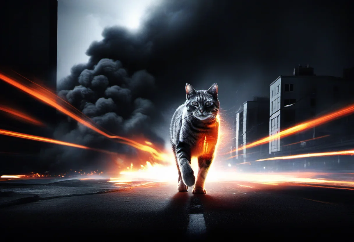 cinematic film still, A cat, bf3, <lora:BFXL:1> . city, vignette, highly detailed, high budget, cinemascope, moody, epic, gorgeous, film grain, grainy, fire, explosion