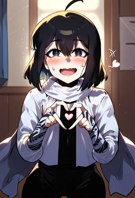 zPDXL3, score_9_up, score_8_up, score_7_up, (Anime_source), 1girl, YonaRuncandel, dark eyes, black hair, short hair, Yona clothes, black body suit, smile, open mouth, little blush, 4-finger heart hands, heart hands, nervous, looking aside, sweat drops, happy, cowboy shot, wavy mouth