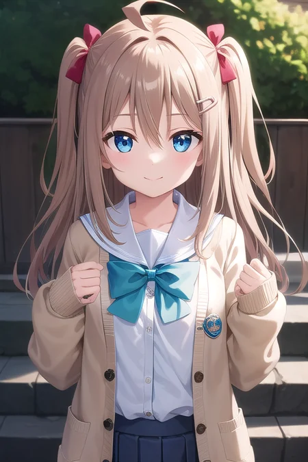 ((masterpiece)),(best quality),official art,extremely delicate and beautiful,extremely detailed CG,unity 8k wallpaper,ultra detailed,beautiful detailed eyes,extremely detailed face,outdoors,1girl,solo,upper body,(portrait:1.5),looking at viewer,facing viewer,smile,Neuro-Sama,ahoge,very long hair,long hair,brown hair,two side up,hair bow,red bow,hairclip,heart hair ornament,hair between eyes,bangs,blue eyes,school uniform,brown cardigan,open clothes,open cardigan,blue sailor collar,white shirt,green bow,puffy long sleeves,sleeves past wrists,button badge,small breasts,blue skirt,pleated skirt,bandaid on knee,single thighhigh,asymmetrical legwear,black thighhighs,single sock,loafers,brown footwear,<lora:Neuro-Sama(vtb)>,