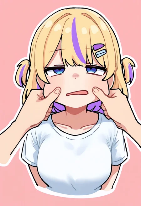 <lora:Uzyos_Style_NBV1:0.95>,1girl,solo,1girl, breasts, open mouth, blue eyes, simple background, shirt, blonde hair, hair ornament, medium breasts, purple eyes, collarbone, white shirt, upper body, purple hair, multicolored hair, short sleeves, parted lips, solo focus, virtual youtuber, hairclip, two-tone hair, streaked hair, two side up, pov, pink background, 1other, outline, cropped torso, pov hands, white outline, pinching, cheek pinching, cheek pull,masterpiece,best quality,newest,absurdres,highres,very awa,detailed backgroud