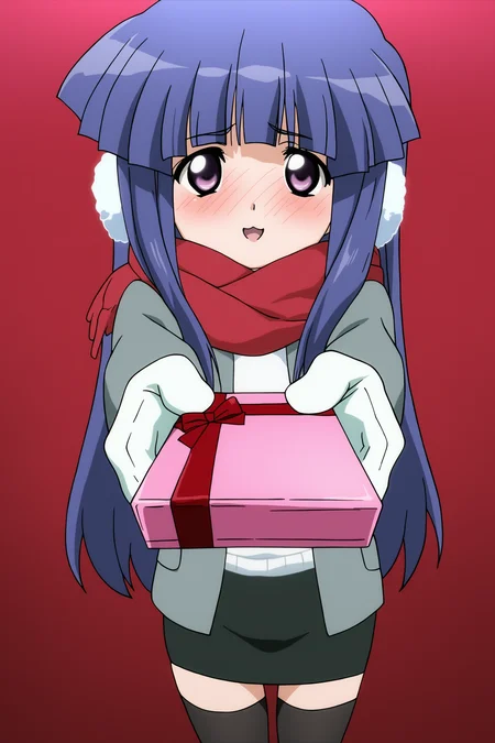 higurashikira, anime screencap, questionable, anime coloring, 1girl, solo, furude rika, (((petite))), blue hair, purple eyes, long hair, bangs, (flat chest), simple background, red background, looking at viewer, :3, open mouth, blush, embarrassed, (upper body), red scarf, open jacket, grey jacket, winter clothes, winter coat, long coat, white sweater, black skirt, skirt suit, pencil skirt, miniskirt, black thighhighs, zettai ryouiki, white earmuffs, white gloves, valentine, happy valentine, box of chocolates, incoming gift, 
(masterpiece, best quality, absurdres, highres, newest, very awa:1.2), 