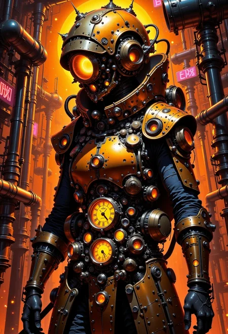 Create a dieselpunk character in a mechanical suit, with parts and gauges reflecting deep orange and gold. The background is a factory interior with pipes and gears glowing in faint pink and yellow lights. This piece uses strong, warm colors to blend rugged machinery with an inviting, energetic ambiance, evoking classic dieselpunk aesthetics.