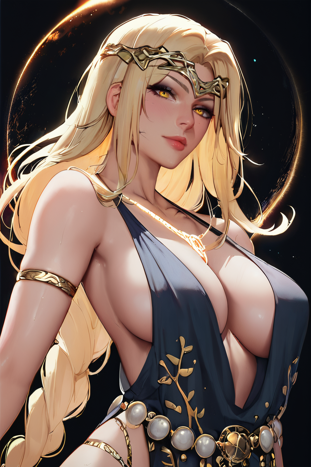 score_9,score_8_up,score_7_up,
<lora:Marika_Pony:1>,
Marika,Elden Ring,1girl,breasts,blonde hair,solo,jewelry,long hair,yellow eyes,dress,necklace,armlet,large breasts,plunging neckline,upper body,circlet,bare shoulders,lips,looking at viewer,planet,black dress,closed mouth,glowing,collarbone,
(black background:1.3),(simple background:1.4),