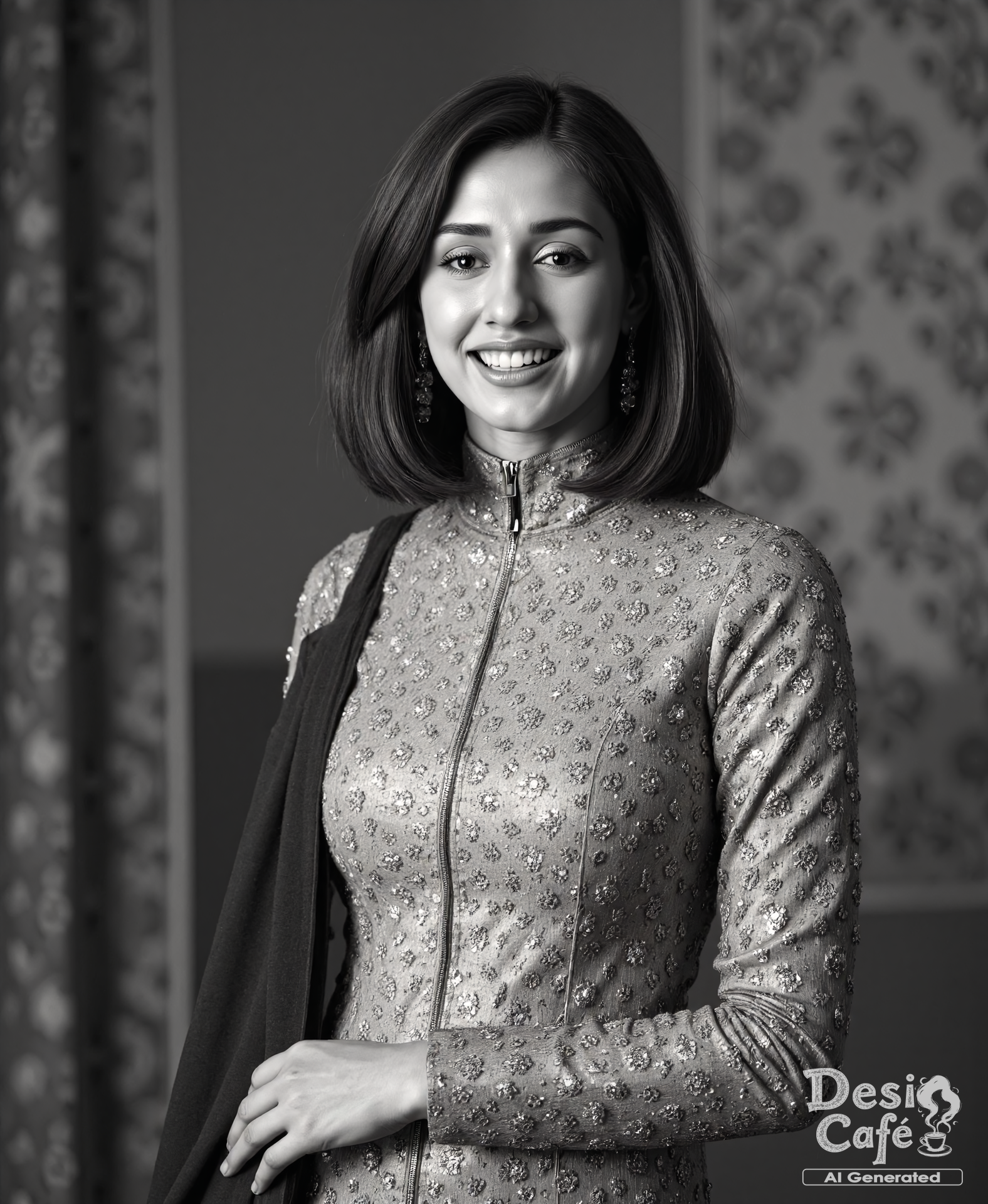 vintage greyscale photo of Disha Patani woman, hyper realistic photo that is safe for work, laughing, studio quality image, well dressed wearing intricate turtleneckPunjabi Suit, hair styled as bob,muted shaded wallpaper background that contrasts with the person, cinematic lighting,âââââ  <lora:Disha_Patani_Flux_Kohya_V1:1> disha pataniâââ