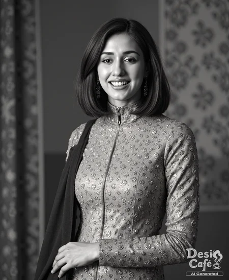 vintage greyscale photo of Disha Patani woman, hyper realistic photo that is safe for work, laughing, studio quality image, well dressed wearing intricate turtleneckPunjabi Suit, hair styled as bob,muted shaded wallpaper background that contrasts with the person, cinematic lighting,âââââ <lora:Disha_Patani_Flux_Kohya_V1:1> disha pataniâââ