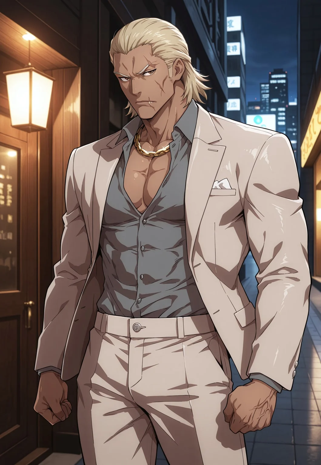 cowboy shot, (solo), 1boy, motion lines, male focus, full-length portrait, standing,
masculine face, daddy looking face, masculine, wrinkle, Villain, thug, bouncer,
Yakuza, Japanese, blonde hair, medium hair, sideburns, slick back hair, Brown eyes, No beard, Inuyashiki, <lora:Inuyashiki-000005:0.4>,
Serious expression,
Light Brown suit, dark grey shirt, suit pants, golden neck chain, elegant man,
toned body, lean body, slim body,
Dark skin, scar on right side of mouth,
Muscled, narrow waist,
detailed face, detailed body, detailed eyes, perfect anatomy,
masterpiece,best quality,amazing quality,
k0n0hanaya, <lora:-Konohanaya-000017:0.6>,
<lora:cfg_scale_boost:0.2>, <lora:add-detail-xl:0.2>, <lora:NAI_QualityV1.1:0.2>,
Outdoors, night club entrance, shinjuku