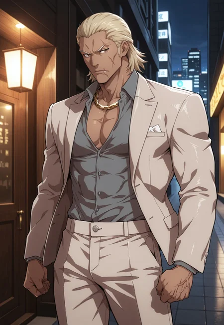 cowboy shot, (solo), 1boy, motion lines, male focus, full-length portrait, standing, 
masculine face, daddy looking face, masculine, wrinkle, Villain, thug, bouncer,
Yakuza, Japanese, blonde hair, medium hair, sideburns, slick back hair, Brown eyes, No beard, Inuyashiki, <lora:Inuyashiki-000005:0.4>, 
Serious expression, 
Light Brown suit, dark grey shirt, suit pants, golden neck chain, elegant man, 
toned body, lean body, slim body,
Dark skin, scar on right side of mouth,
Muscled, narrow waist,
detailed face, detailed body, detailed eyes, perfect anatomy,
masterpiece,best quality,amazing quality,
k0n0hanaya, <lora:-Konohanaya-000017:0.6>,
<lora:cfg_scale_boost:0.2>, <lora:add-detail-xl:0.2>, <lora:NAI_QualityV1.1:0.2>,
Outdoors, night club entrance, shinjuku