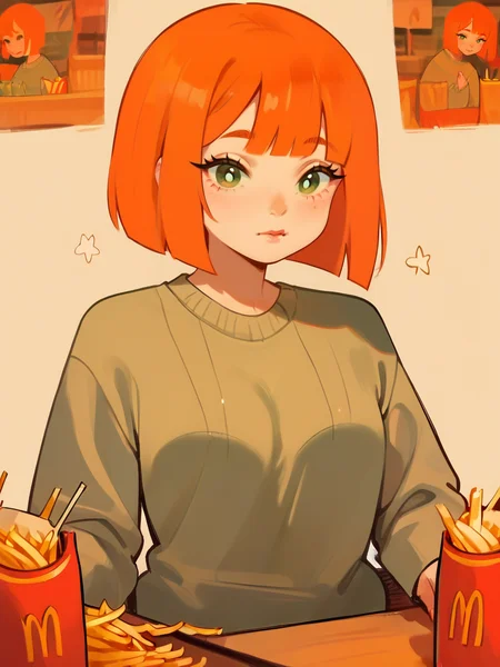 score_9, score_8_up, score_7_up, score_6_up, score_5_up, <lora:momjapmcdXLP:1> momjapmcd, 1girl, short hair, orange hair, green eyes, sweater, french fries,