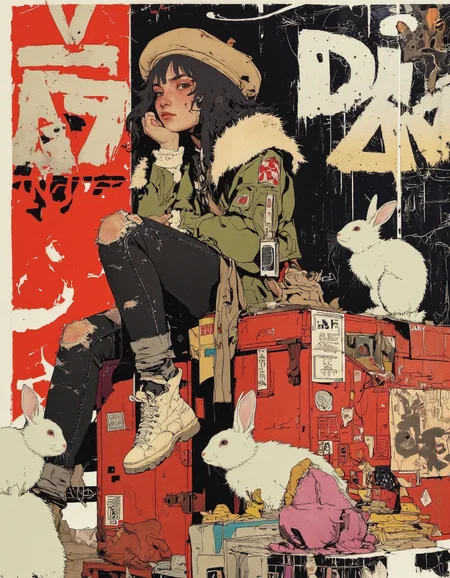 By Phandigrams. A vibrant and colorful illustration of a woman sitting on a red box, surrounded by two white rabbits. the woman, who appears to be in her mid-twenties, has long black hair and is wearing a green jacket with fur trim, ripped black jeans, and a beige beret. she is sitting with her chin resting on her hand, looking off to the side with a contemplative expression. the background is a mix of red and black, with abstract shapes and patterns. on the right side of the image, a small white rabbit is sitting on the box, looking up at the woman. the overall style of the illustration is reminiscent of comic book art, with bold lines and vibrant colors.