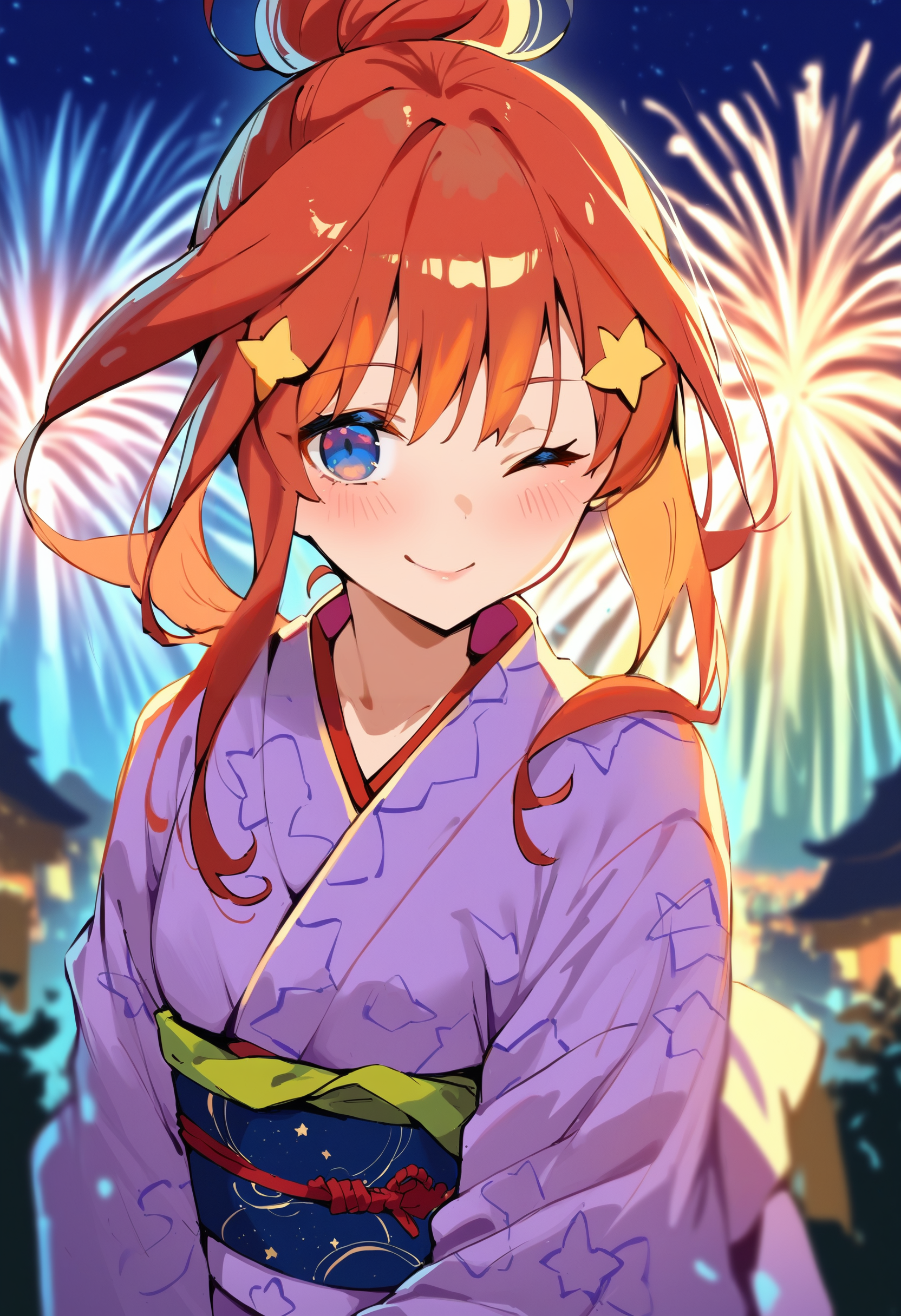 score_9, score_8_up, score_7_up, score_6_up, source anime,
ikustipnxl, nakano itsuki, 1girl, star hair ornament, blue eyes, hair up, print kimono, obi, one eye closed ,
looking at viewer, smile, blush,
outdoors, night, fireworks, depth of field, foreshortening, 
masterpiece, best quality, very aesthetic, absurdres
<lora:quintessential_quintuplets:1>