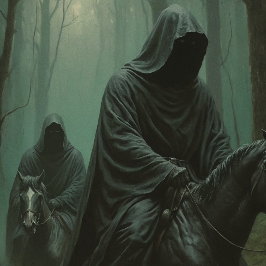 dark fantasy art style, a close-up painting of two man in dark robes with thick hoods with invisible faces were riding horses through the dense forest, muted, eerie atmosphere, grainy, painterly texture