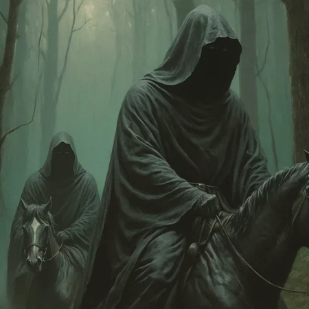 dark fantasy art style, a close-up painting of two man in dark robes with thick hoods with invisible faces were riding horses through the dense forest, muted, eerie atmosphere, grainy, painterly texture