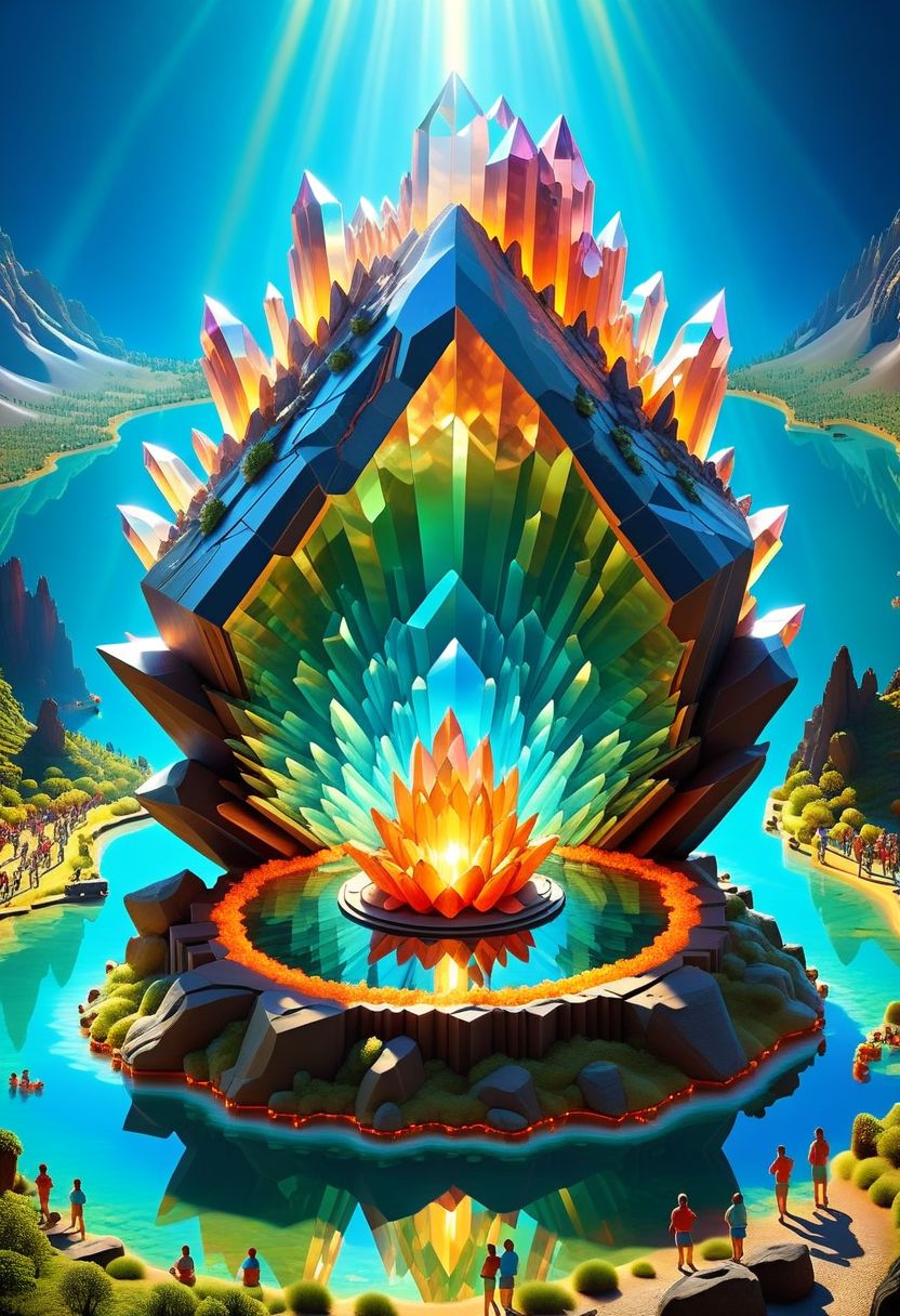 ispzxll, diorama, isometric, miniature, volumetric lighting style, intricate details, massive clear emerland crystal formation, sunlight shining through, natural setting, volcanic lake setting, crowds of people gathered, tourists, flash photography, news helicopter