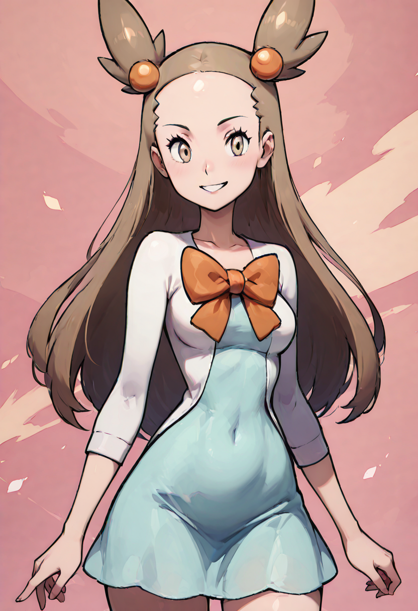 masterpiece, best quality, 1girl, solo, looking at viewer, smile, large breasts, aged up,   zzJasmine, brown eyes, hair bobbles, hair ornament, light brown hair, two side up, long hair, forehead,  white cardigan, green dress, orange bow, sleeves past elbows,  <lora:JasminePokemon_IXL_v2:1.0>, , smile, looking at viewer, cowboy shot, dynamic pose, abstract background,  <lora:VividIXL_v2:0.7>,