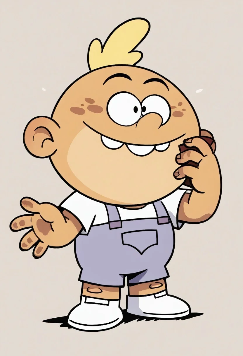 (score_9 | score_8_up | score_7_up) ((masterpiece:1))(best quality,very high quality,ultra detailed:1.2) (2D,cartoon style,anime style)(Smooth:2)(clean blurring) (four fingers on each hand,one thumb on each hand:1), Leon Loud, solo, 1boy, light Blonde hair, two strands of light Blonde hair, teeth, toad, yellow toad, large and muscular build, yellow skin, white shirt, lavender overalls, white booties
