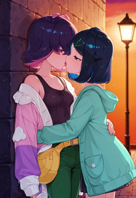 masterpiece, best quality, amazing quality, very aesthetic, absurdres, newest,, 2girl ,Liko_(Pokemon), black_hair, green_eyes, medium_hair, small_breasts, hairclip, blue_jacket, white_shirt, black_skirt, yellow_bag
BREAK, BREAK, BREAK, BREAK, BREAK, BREAK, BREAK, BREAK, BREAK, BREAK, BREAK, BREAK, BREAK, BREAK, BREAK, BREAK, BREAK, BREAK, BREAK, BREAK, BREAK
aaDotPKMN, 1girl, purple eyes, purple hair, pink hair, multicolored hair, two-tone hair, short hair, hair over eyes, bangs, black shirt, long sleeves, jacket, open clothes, green pants,
yuri, outside playing, having fun, hug, love, detailed face, detailed eyes, sunny day, kiss, Detailed background, cinematic lighting, 4K
