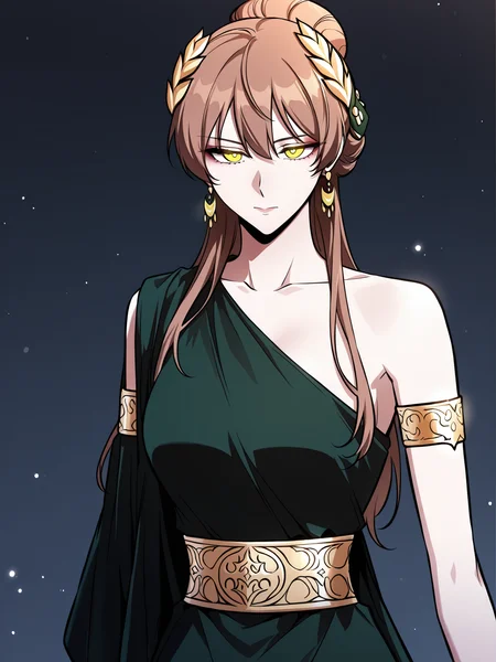 <lora:Omniscient_Readers_Viewpoint__Persephone:1>
1girl, solo, brown hair, long hair, braid, hair bun, hair ornament, yellow eyes, golden laurel crown,
green dress, one shoulder dress, long dress, gold waistband, golden armlet, moon earrings, asymmetric dress, slit dress, greek style dress, bare shoulders, sandals,
score_9, score_8_up, score_7_up, score_6_up, source_anime, rating_explicit, masterpiece, best quality, intricate details, gothic fantasy, upper body portrait, dramatic pose, confident gaze, cinematic lighting, clean background, glowing magical particles, detailed face, vibrant colors