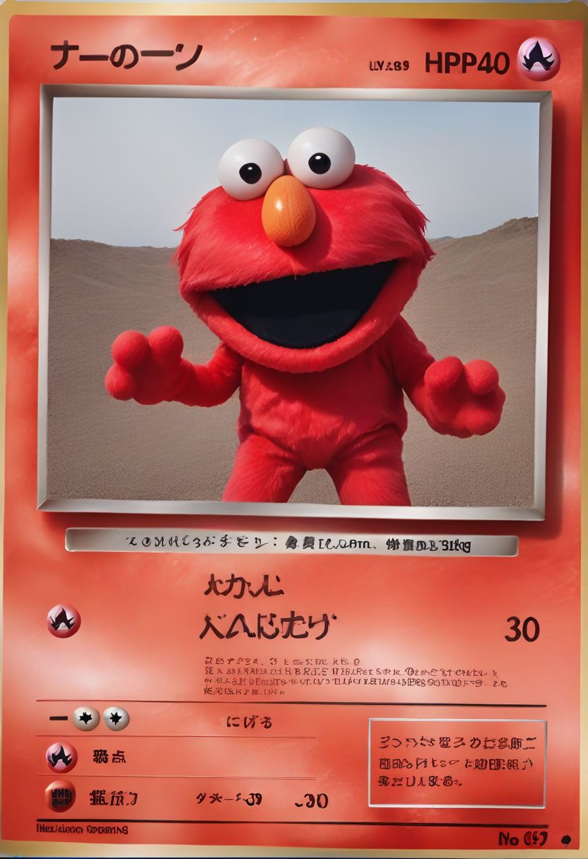 (fire), detailed, pkmn, score_9, score_8_up, score_7_up, photo, absurdres, textbox, pkmkard, Elmo, red fur, muppet eyes, orange nose, smile, open mouth