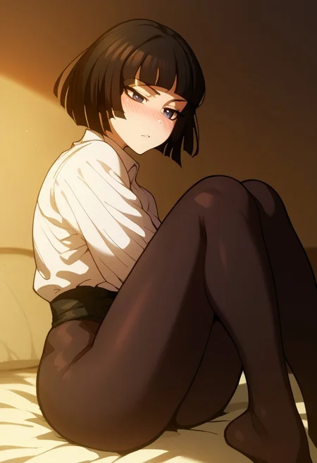 score_9_up, score_8_up, score_7_up, Anime_source,score_9, score_8_up, score_7_up, rating_explicit, uncensored ,
1girl, focus, ,
Kivye, black eyes, black hair, short hair, blunt bangs, short hair,
normal uniform, black pantyhose not transparent ,white shirt,black pantyhose, Battle clothes,
extremely sexy legs, blush, nose , sexy body,,