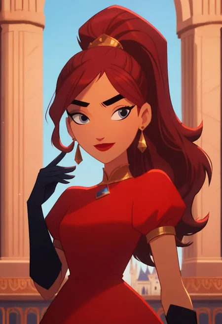 score_9, score_8_up, score_7_up, score_6_up, Carm3n Sandi3go, blue eyes, red dress, long black gloves, red hair, ponytail, long hair, earrings, in palace, upper body, smile,