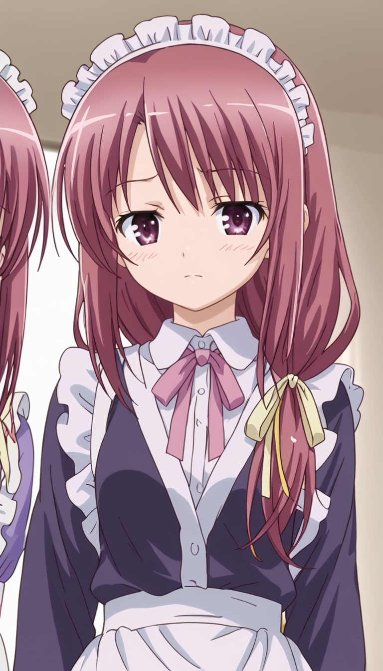 kaoriminato,purple eyes,pink hair,hair over shoulder,hair ribbon,<lora:Kaori_Minato:1>,maid headdress,maid, anime screencap,score_9,simple background,