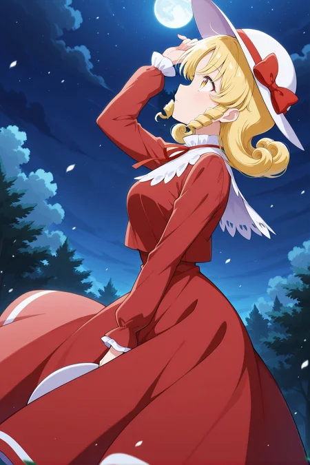 absurdres, highres, masterpiece, best quality, amazing quality, official anime artwork, screencap, anime screencap, outdoors, dynamic pose,
<lora:Elly_Illustrious:1> elly, 1girl, solo, yellow eyes, blonde hair, curly hair, short hair,, white hat, hat ribbon, red ribbon, red dress, neck ribbon, long sleeves, night, moon, light particles, looking up, floating hair, holding hat, from the side,
