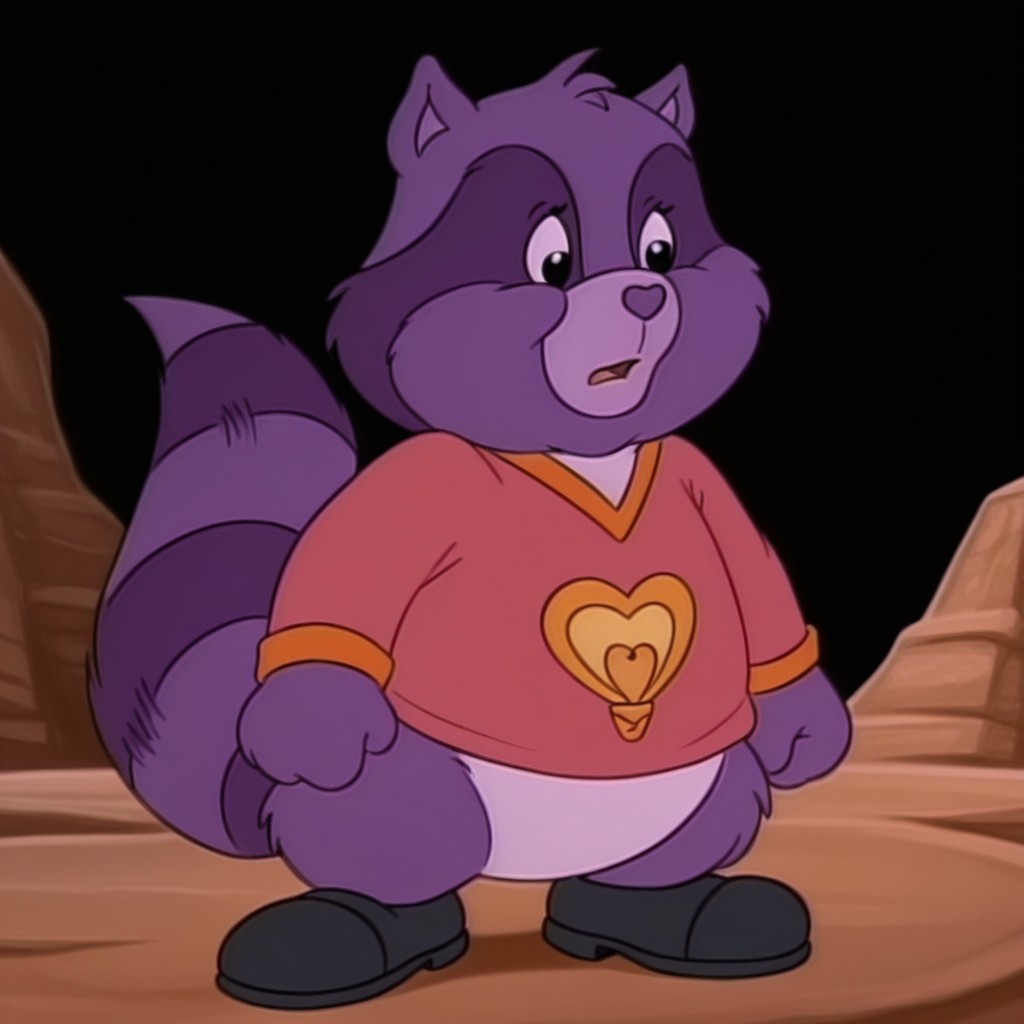 masterpiece, best quality, amazing quality,  brighthrtilv2, semi-anthro, male, raccoon_boy, purple fur, black eyes, tail, Pink shirt orange trim, black shoes, standing, on alien planet