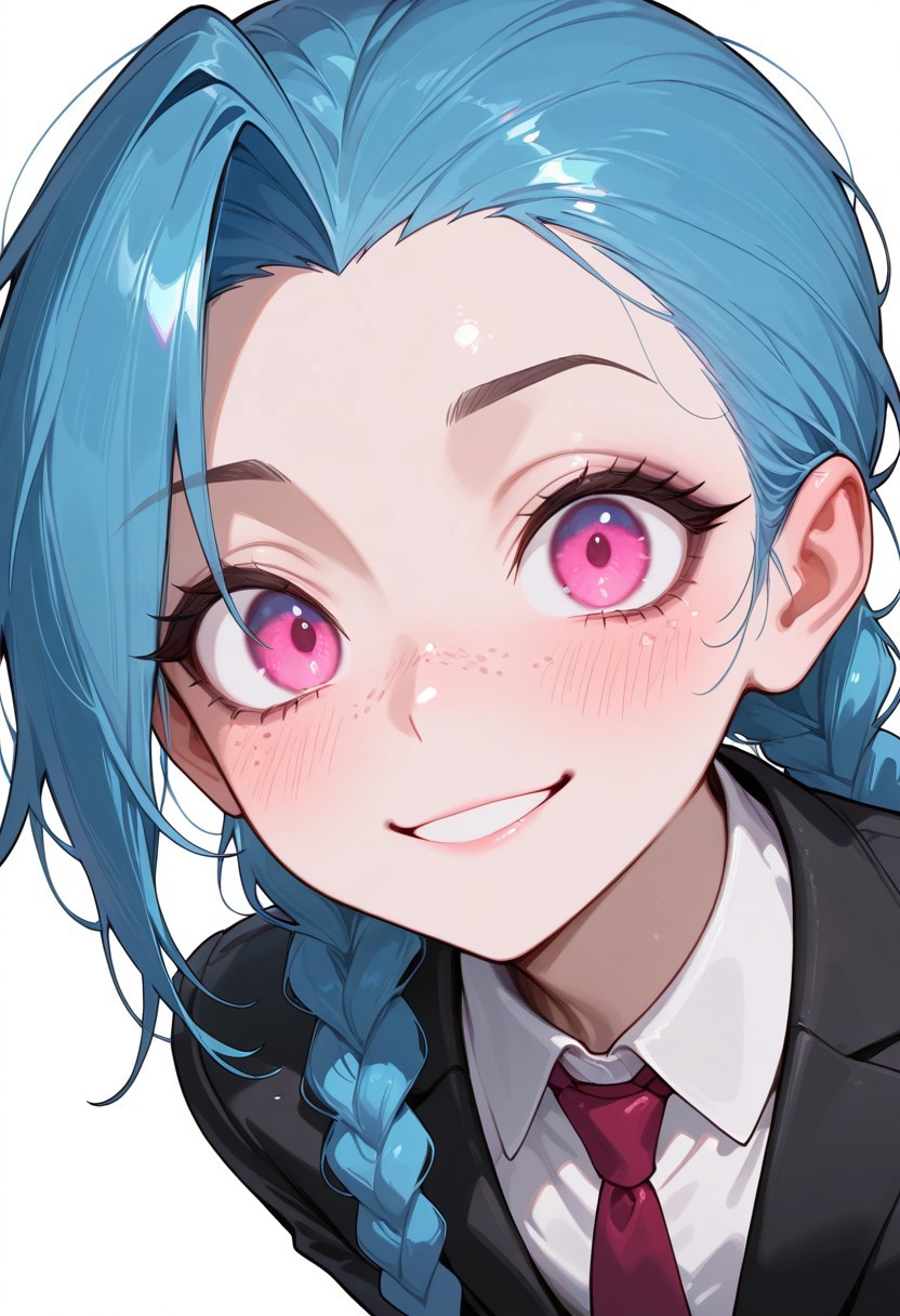 masterpiece, best quality, amazing quality, very aesthetic, absurdres, 1girl, solo, LP_jinx, blue hair, twin braids, pink eyes, tattoo, freckles, flat chest, black suit, formal suit, red tie, white shirt, happy, looking at viewer, portrait, simple background, white background, blush, upper body, centered,