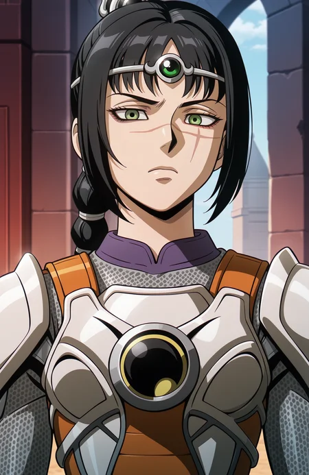 <lora:Daima_v4:1> dbdaima, solo, lazypos, anime screenshot,
1girl, <lora:ShadowHeartIllustrious_byKonan:0.8>, shadowheart, black hair, braided ponytail, green eyes, scar on face, circlet, armor, looking at viewer,